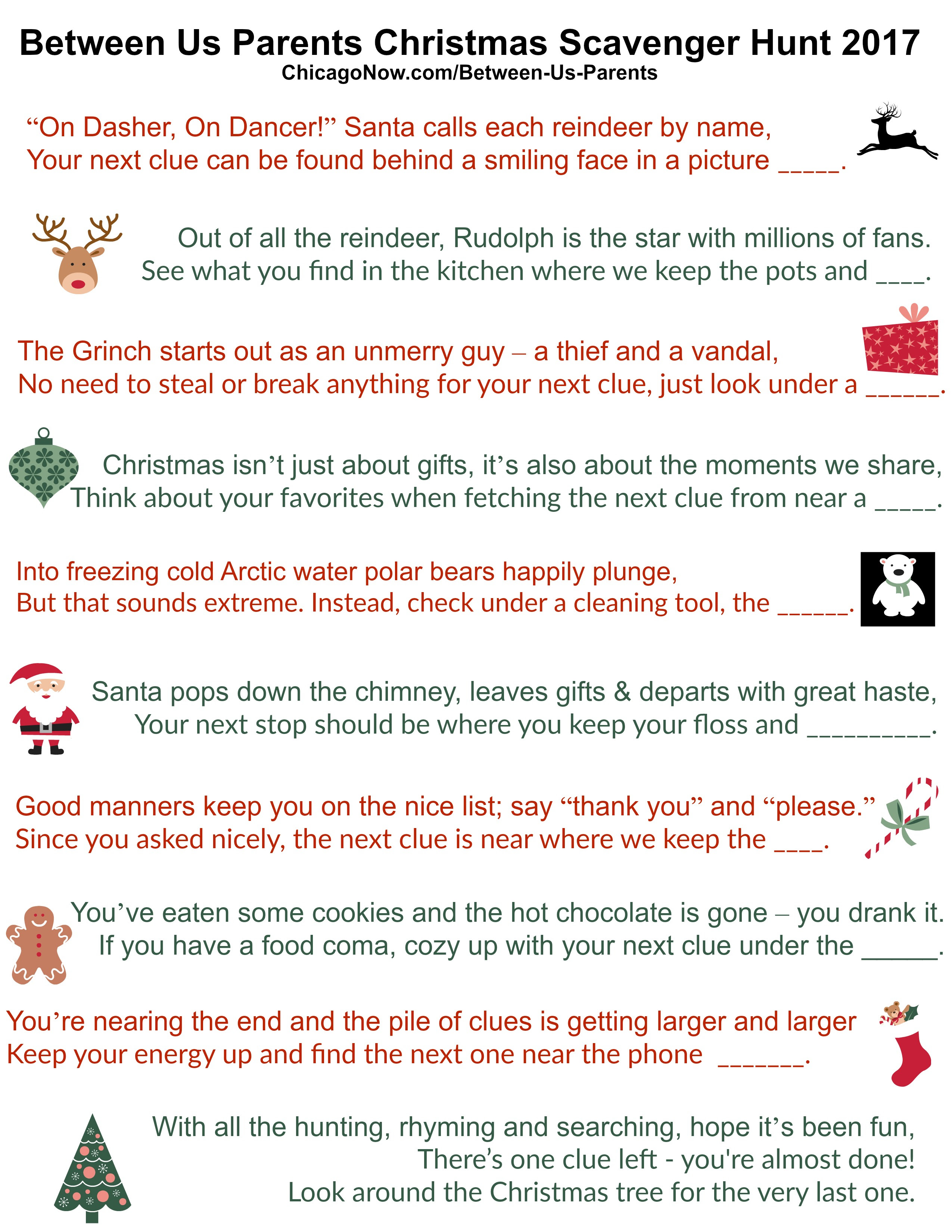 A christmas scavenger hunt can be a wonderful holiday tradition. 70 Printable Christmas Scavenger Hunt Clues Between Us Parents