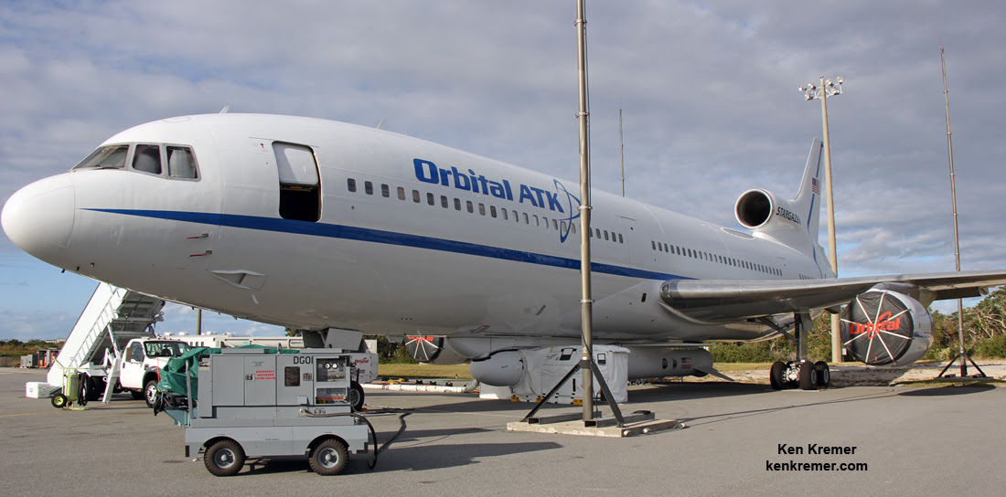 The Orbital ATK L-1011 Stargazer aircraft at the Skid Strip at Cape Canaveral Air Force Station in Florida. Attached beneath the Stargazer is the Orbital ATK Pegasus XL with NASA's CYGNSS payload on board, being processed for launch on Dec. 12, 2016.  Credit: Ken Kremer/kenkremer.com