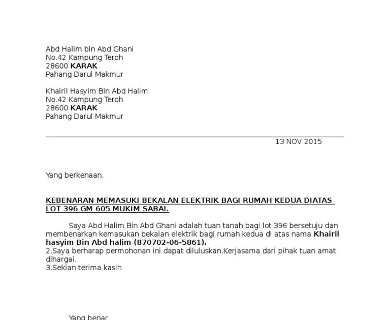 contoh surat permohonan bekalan air