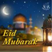 A graphic with the text “Eid Mubarak” on the bottom left, the State  Department logo on the top right, and a mosque and a crescent in the  Background.