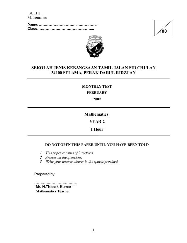 Soalan Exam Matematik Tahun 3 - Selangor i