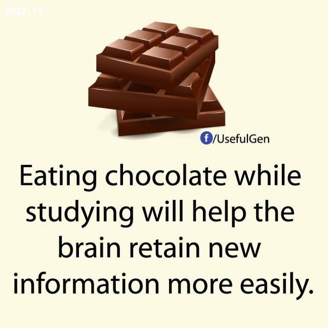 2. Ăn sôcôla trong lúc học bài sẽ giúp bộ não của bạn lưu giữ những thông tin mới dễ dàng hơn.,sự thật thú vị,những điều thú vị trong cuộc sống,sự thật không phải ai cũng biết,sự thật đáng kinh ngạc