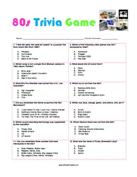 The largest collection of trivia questions & answers on the web. 80s Trivia Game Free Printable