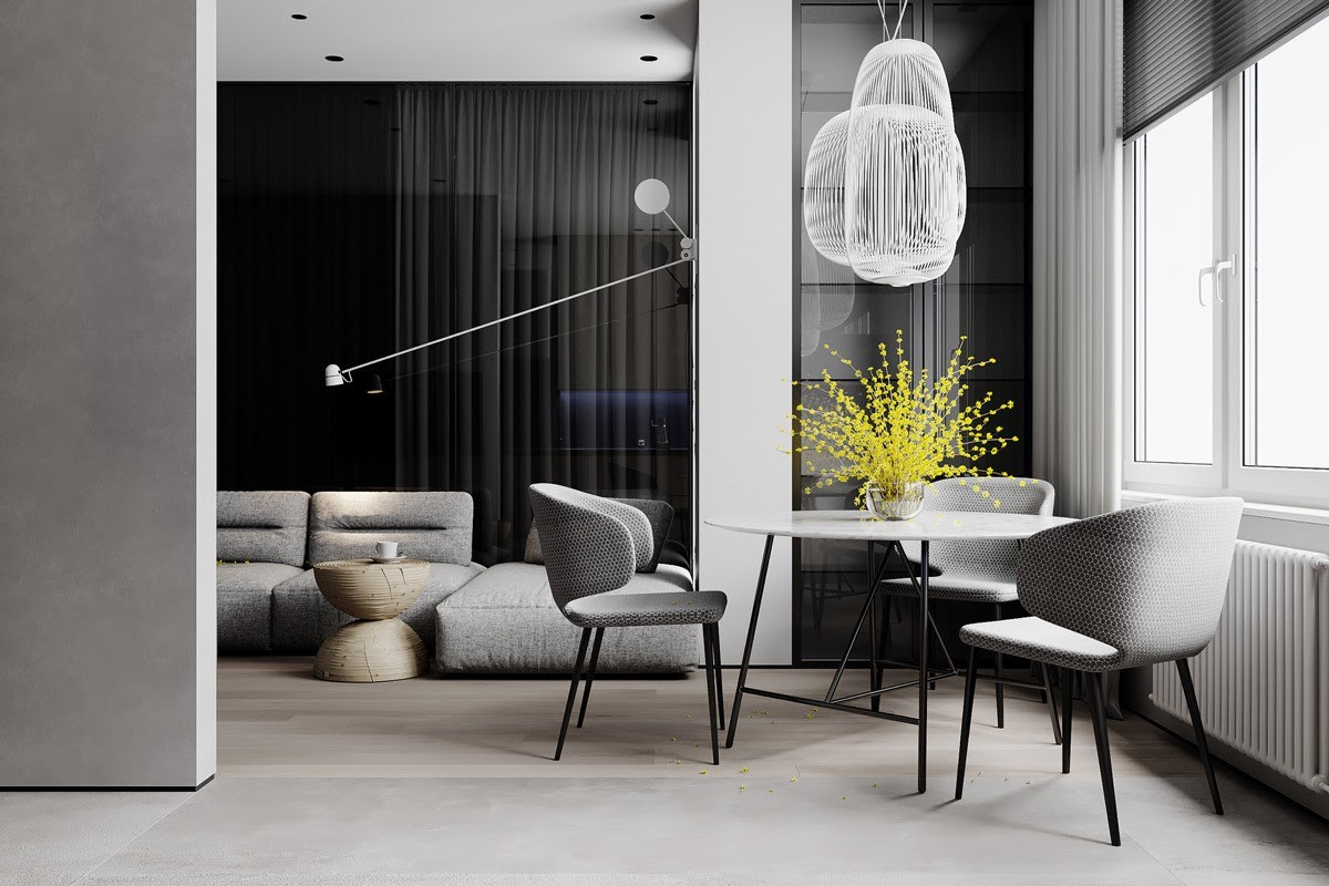 Modern dining room interior with dark gray walls, white wooden floor, black table with vases and arched window. 51 Grey Dining Rooms With Tips To Help You Decorate And Accessorize Yours
