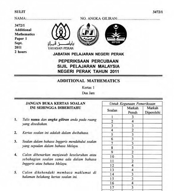 Soalan Spm 2019 Addmath - Selangor w