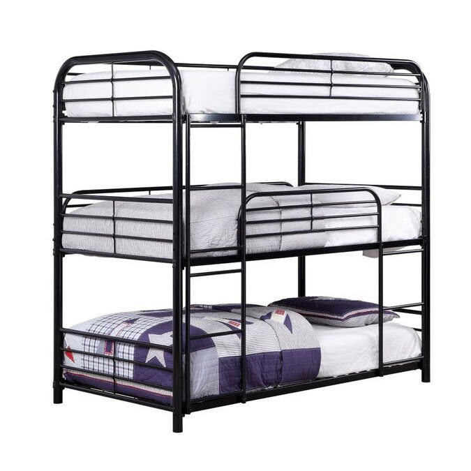 Walker edison alexander classic solid wood stackable jr twin over twin bunk they can be especially helpful if your extra bedrooms are smaller, because stacked beds don't have huge footprints. Furniture Of America Meijer Black Metal Twin Triple Bunk Bed In The Bunk Beds Department At Lowes Com