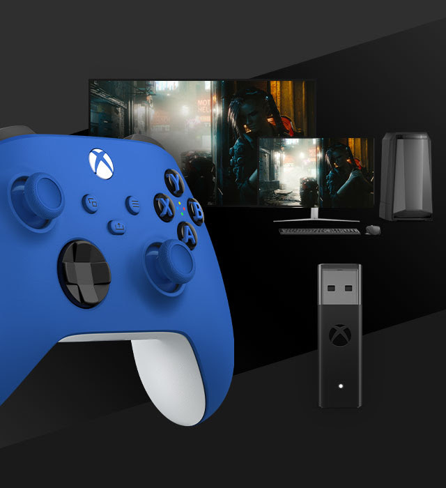 The new Shock Blue Xbox Wireless Controller connecting to an Xbox console and Windows 10 PC.