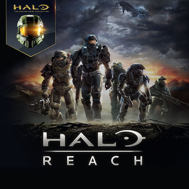 The Spartans of Noble Team stand above the Halo: Reach logo with the Master Chief Collection logo in the upper-left corner.
