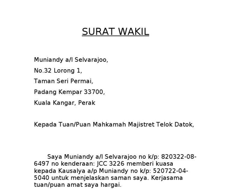 Contoh Surat Kuasa Wakil Imigresen - Kerkose