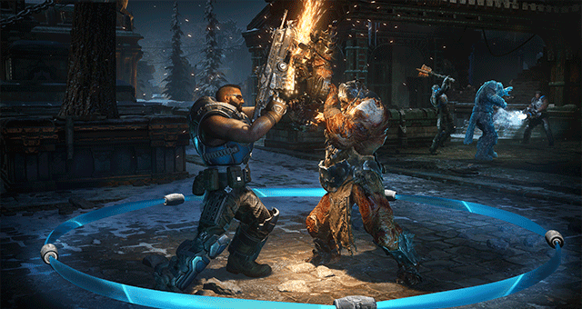 Two characters from Gears 5 fighting outside.