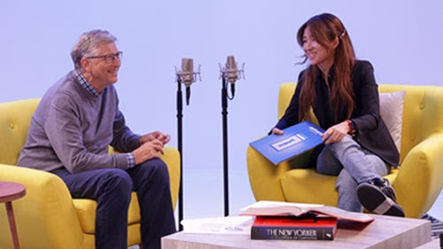 Bill Gates and Yejin Choi during podcast recording