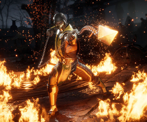 Scorpion, surrounded by fire, throws his metal chain at an unseen opponent.