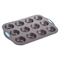 Tasty 12 cup non-stick muffin pan with blue silicone handles