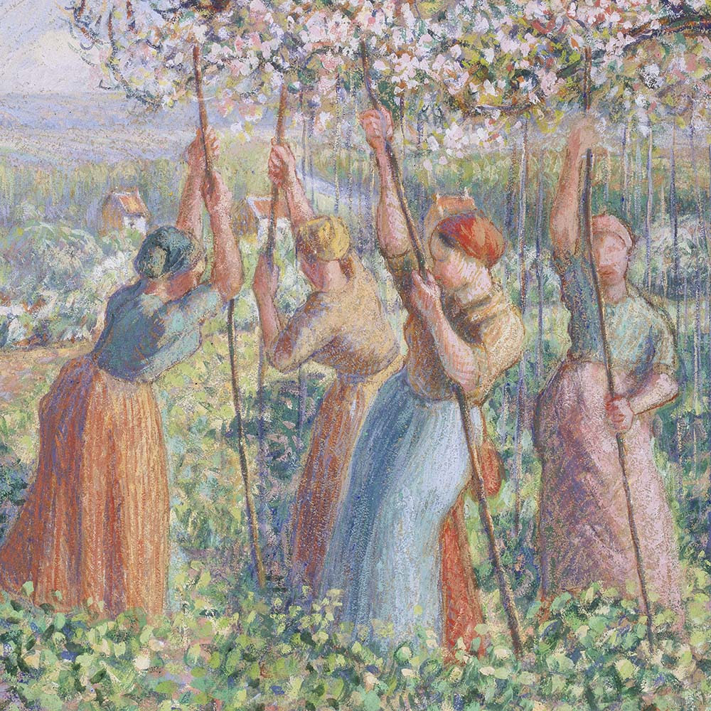 A painting of women in a field planting pea stakes in the ground.