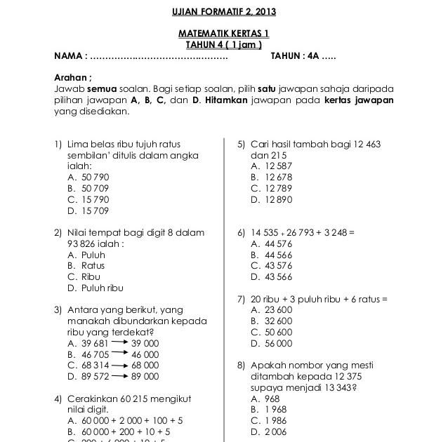 Soalan Pecahan Matematik Tahun 4 Kssr - Terengganu q