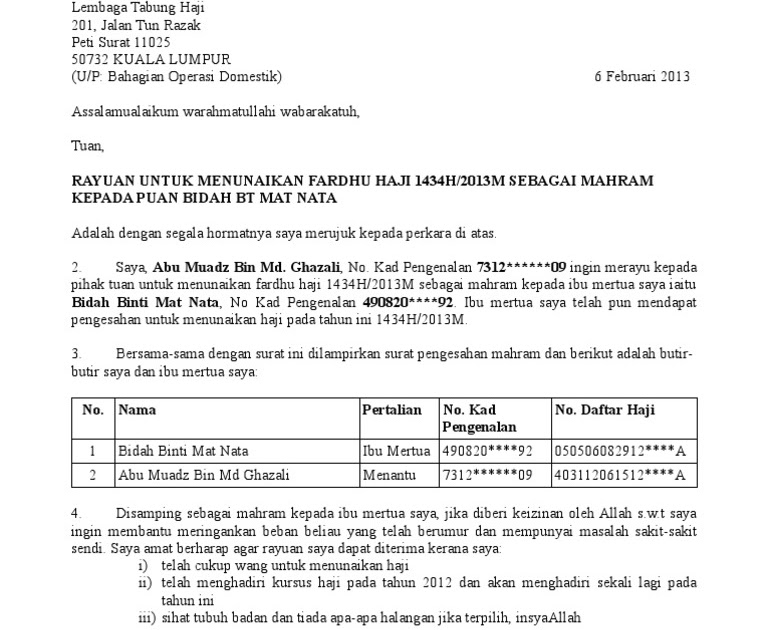 Surat Rayuan Permohonan Haji - Malacca g