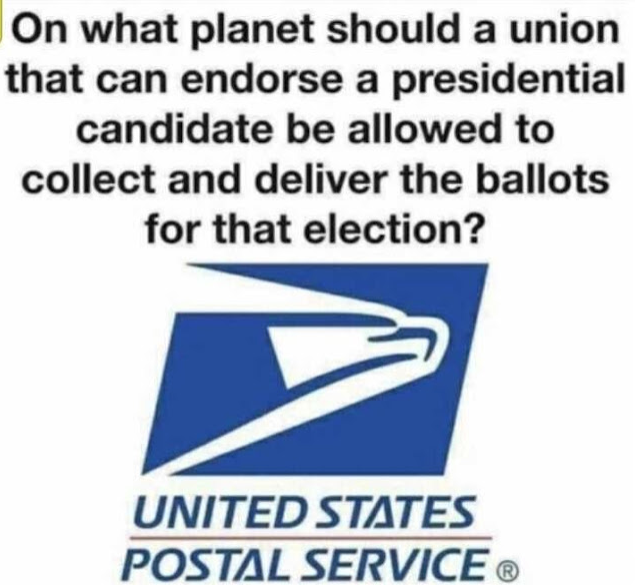 US Postal service is a union and it delivers mail in ballots to benefit the union.