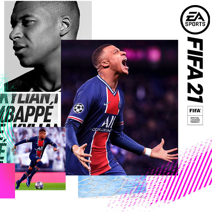 FIFA 21 cover art showing Kylian Mbappé celebrating in his Paris Saint-Germain jersey