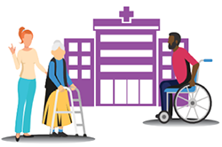 Two patients and a caregiver in front of a health care facility