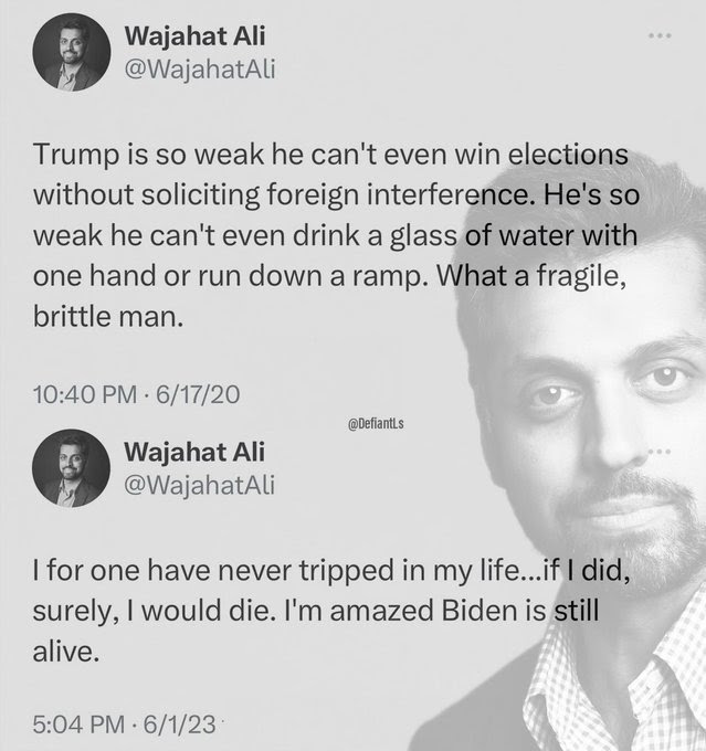 Hypocrite Wajahat ALi. Makes comments about the fragility of Trump, the after watching Biden fall over and over says Biden is a tough guy.