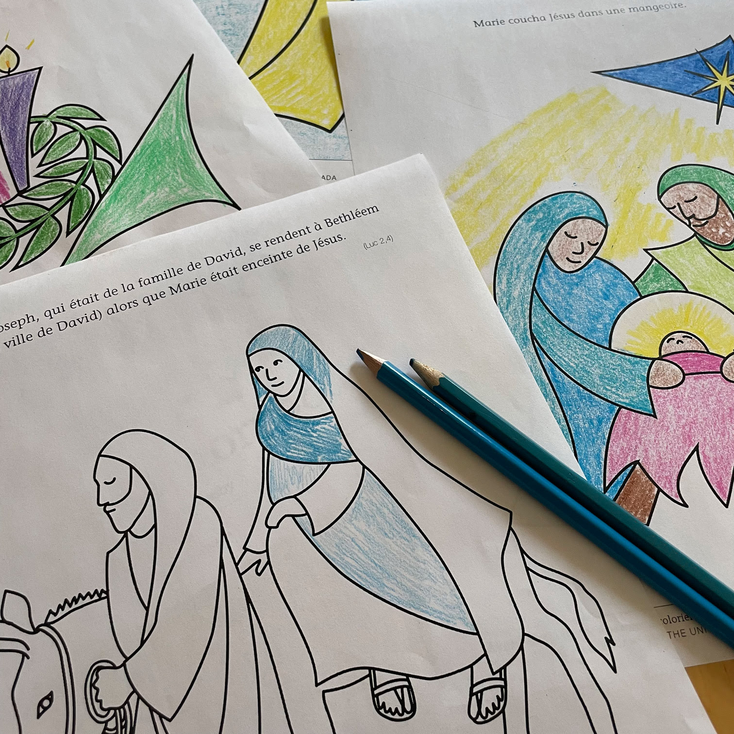 Photo of some of the colouring pages from the Advent Unwrapped colouring book.