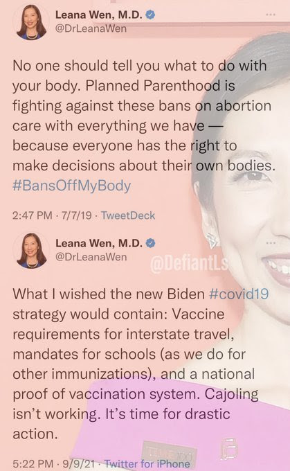 Hypocrite Len Wen. Constanltly discusses providence over one's body. Then advocates for forced vaccinations.