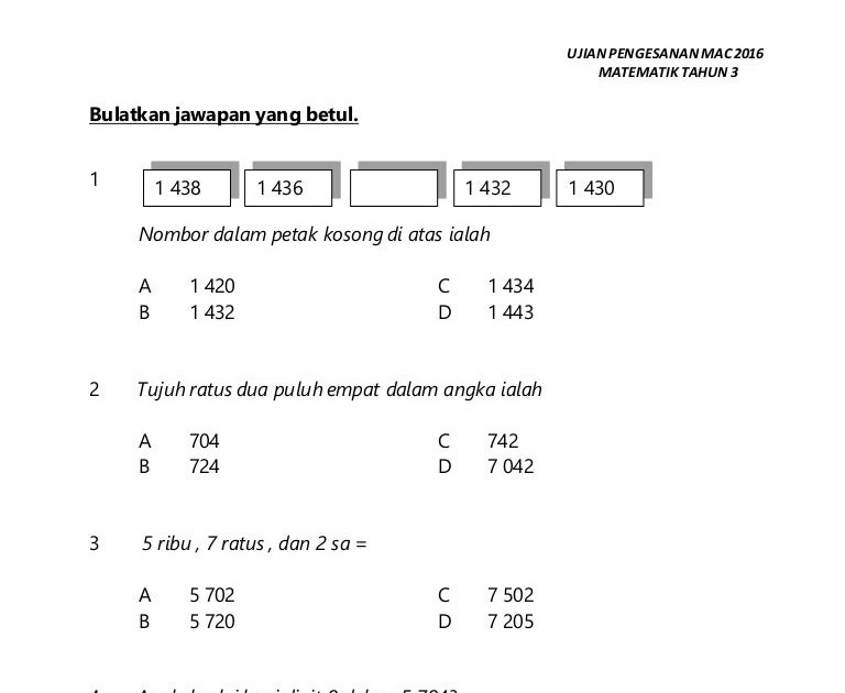 Contoh Soalan Matematik Tahun 3 Sjkc - Soalan l