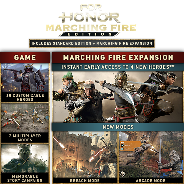 FOR HONOR MARCHING FIRE EDITION INCLUDES STANDARD EDITION + MARCHING FIRE EXPANSION | GAME | 16 CUSTOMIZABLE HEROES, 7 MULTIPLAYER MODES, MEMORABLE STORY CAMPAIGN | MARCHING FIRE EXPANSION | INSTANT EARLY ACCESS TO 4 NEW HEROES** | NEW MODES | BREACH MODE, ARCADE MODE