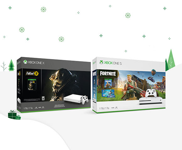 Boxes for Fallout 76 and Fortnite Xbox One S bundles sit side by side.