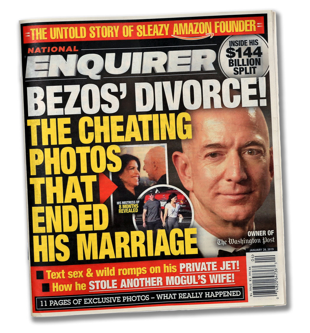 1月28日，《國家問詢》刊出私人短信和狗仔隊照片，以貝佐斯的婚外情大做文章。