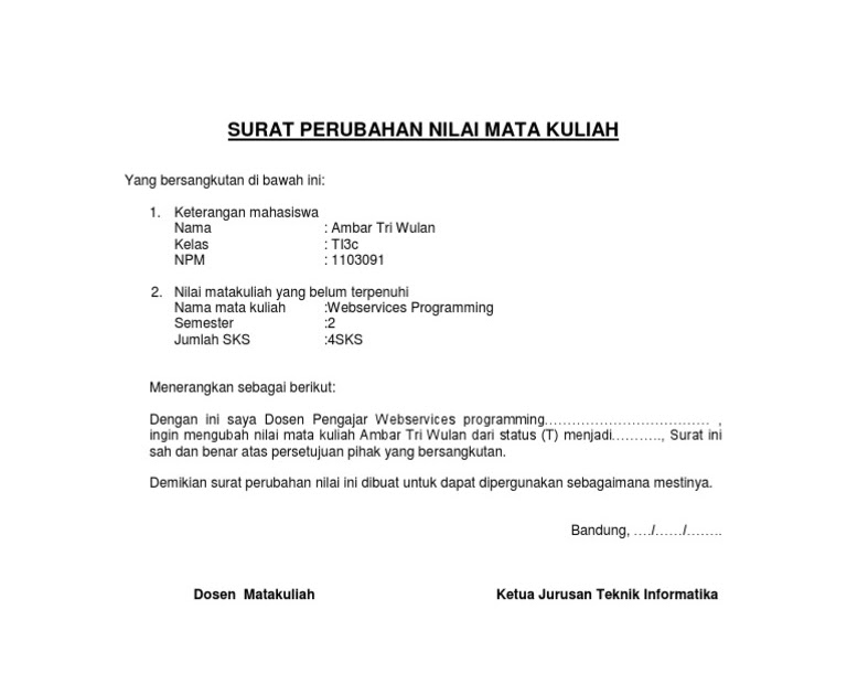 Contoh Surat Permohonan Nilai Mata Kuliah