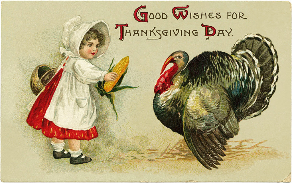 Thanksgiving card showing turkey the size of a small child.