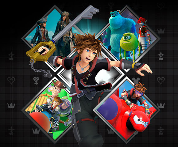 Sora of Kingdom Hearts wields his signature keyblade in the center of an X that also shows him in four different Disney worlds from the game.