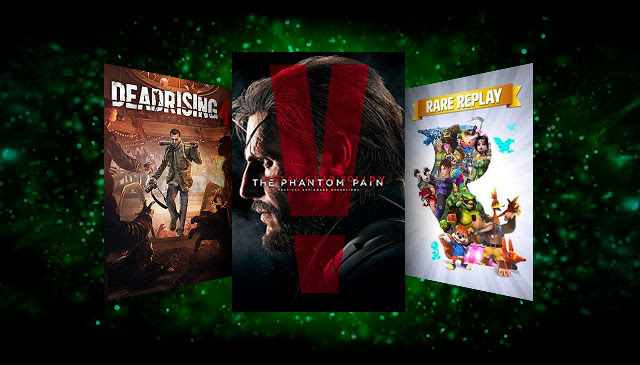 Box art for three titles, left to right: Dead Rising 4, Metal Gear Solid V: The Phantom Pain, and Rare Replay.