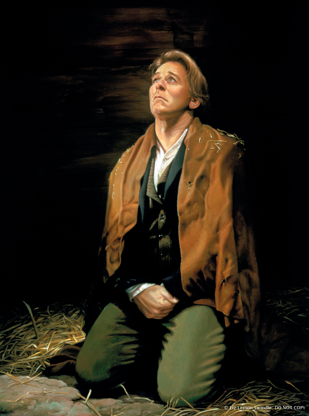 A painting by Liz Lemon Swindle of Joseph Smith in Liberty Jail kneeling and looking upwards with tears running down his face.