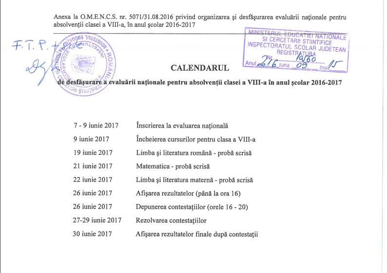 Totodată, pentru examenul cre începe marţi, 22 iunie, au fost stabilite 73 de centre. Calendarul De Desfasurare A Evaluarii Nationale Pentru Absolventii Clasei A Viii A In Anul Scolar 2016 2017 Scoala Profesonala Emil Dragan Gradistea