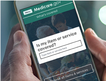 Image of person holding phone with the Medicare.gov What's Covered? app open