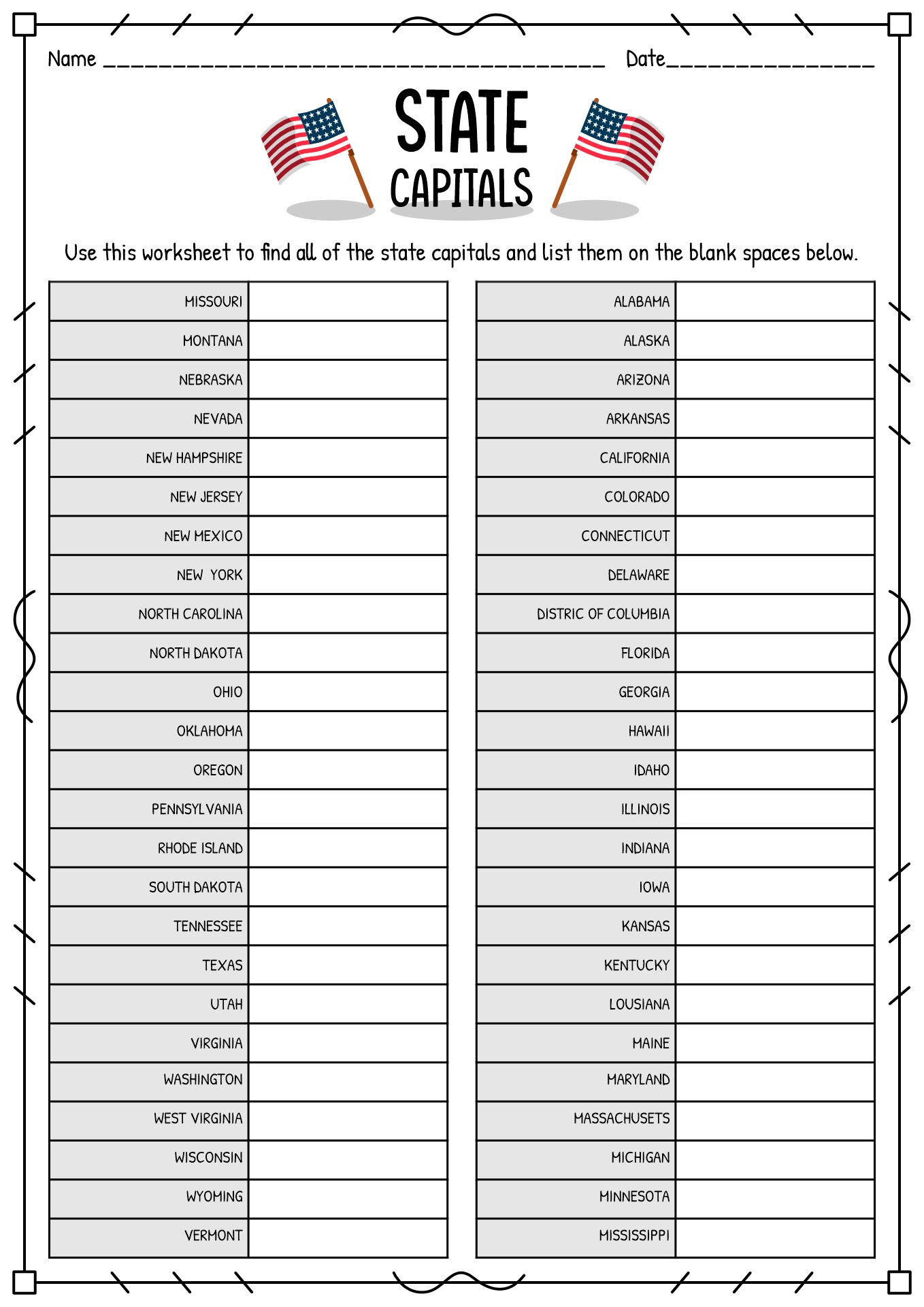 Us Map With States And Capitals Printable