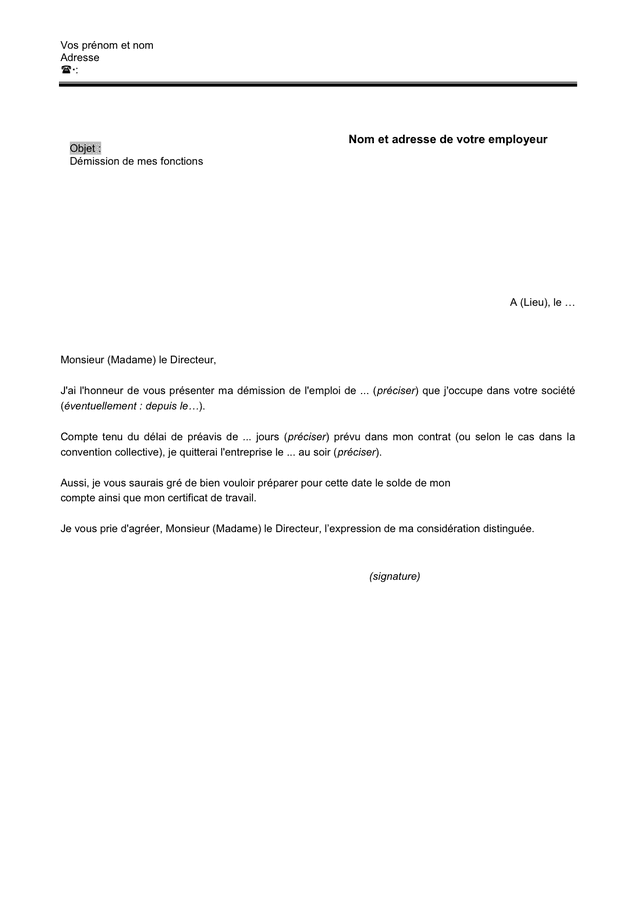 Suite à la démission d'un salarié, vous confirmez par courrier avoir pris acte de sa démission et vous lui apportez les détails sur ses droits de préavis et ses congés. Lettre De Demission