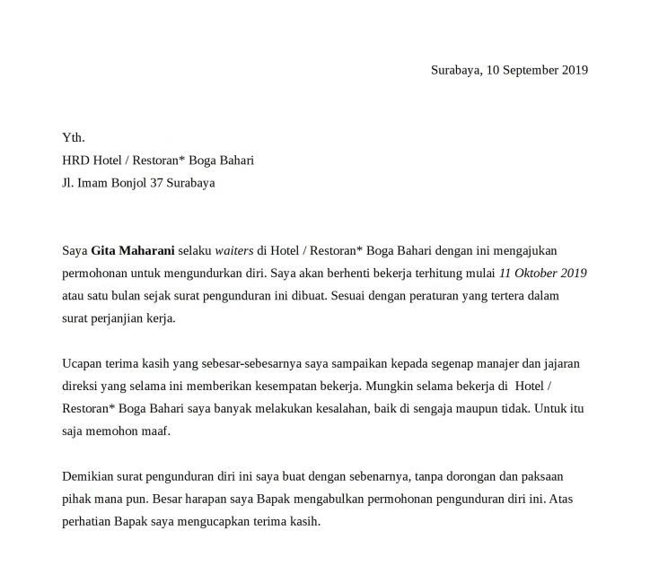 Contoh Surat Pengunduran Diri Dari Perusahaan Pt