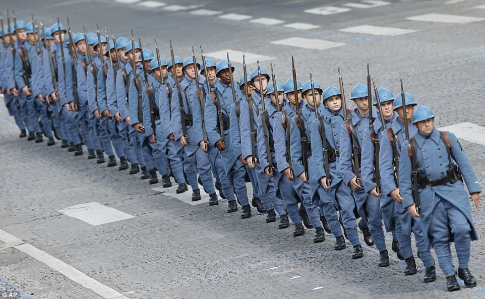 French soldiers marched wearing World War One uniforms on the centenary of the outbreak of the conflict as part of this year's Bastille celebrations 