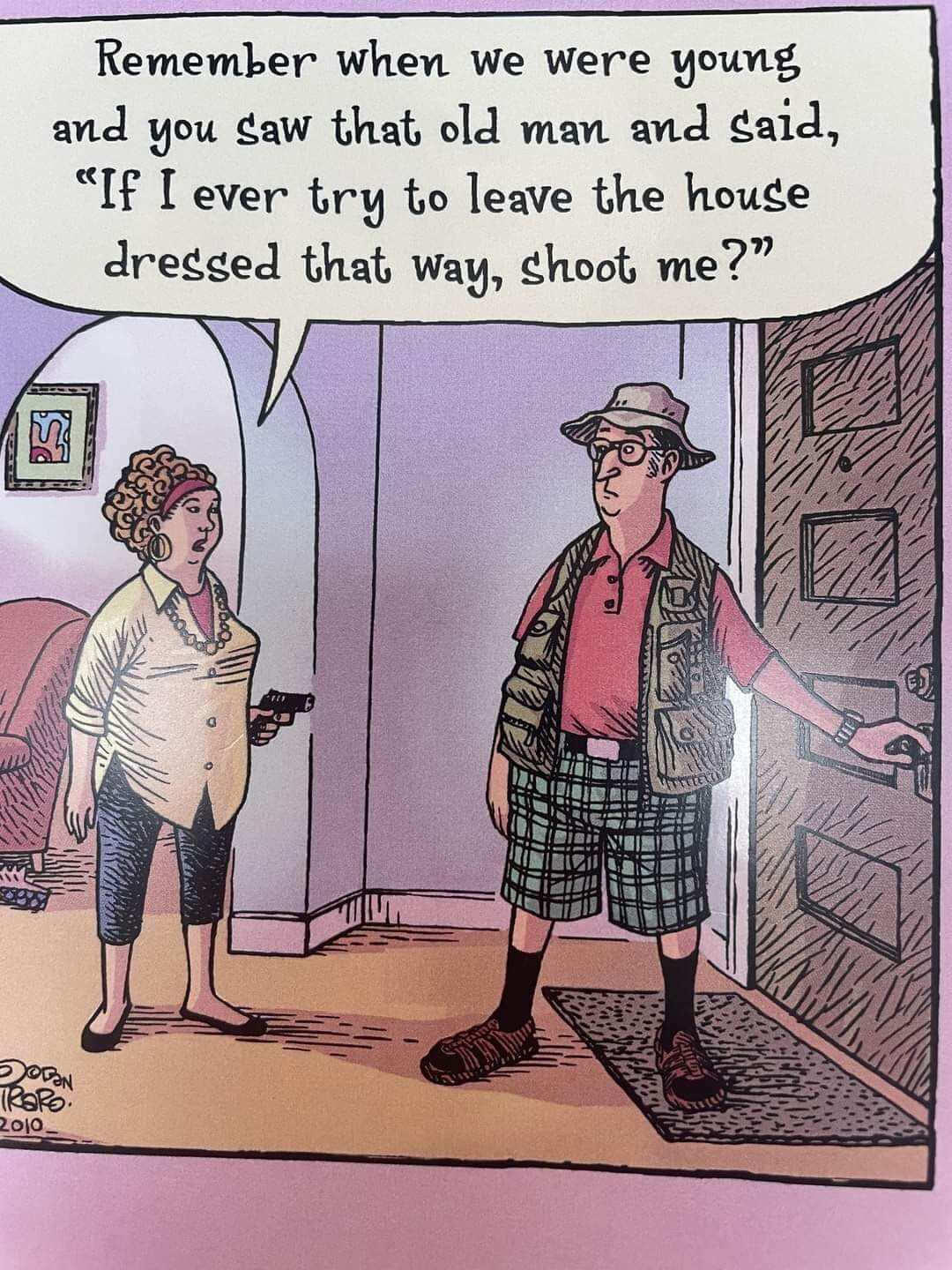 Cartoon showing wife condemning how husband is dressed