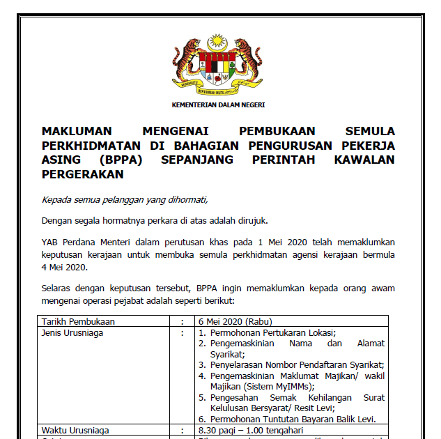 Surat Wakil Majikan / Makluman Mengenai Pembukaan Semula ...