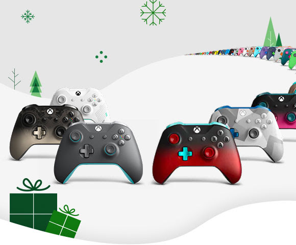 A long line of Xbox controllers in different designs.