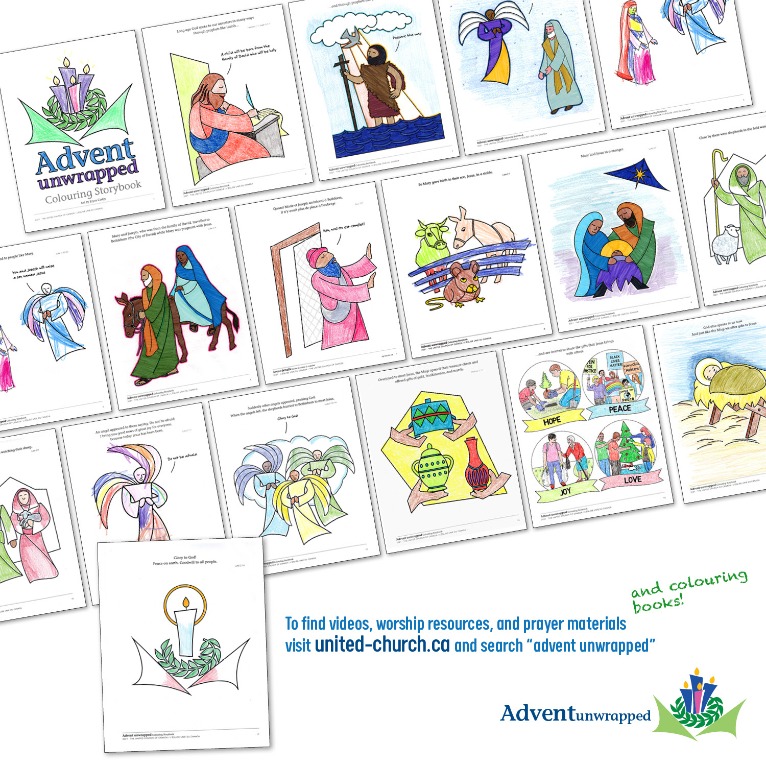 Graphic image made up of Advent storybook pages that have been coloured in.