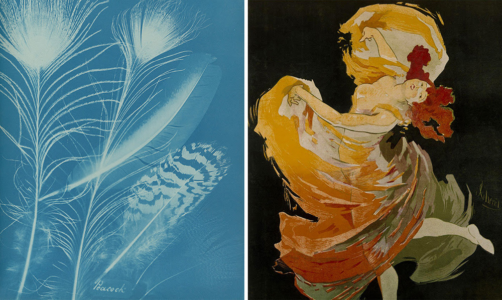 A composite image of a cyanotype impression of a peacock on the right and a poster showing a painting of a dancing woman to the left
