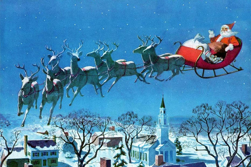 Santa and his Sleigh imagery. Santa fliues into a classic New England village.