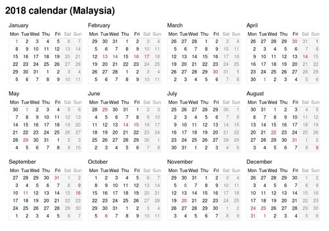 Malaysia calendar with date, weekdays, months, office holidays and bank holidays. 2018 Calendar Malaysia