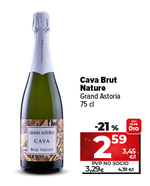 Cava Brut Natura Grand Astoria 75cl ahora un 21% más barato con CLUBDia a 2,59€ a 3,45€/l. Pvp no socio a 3,29€ a 4,39€/l