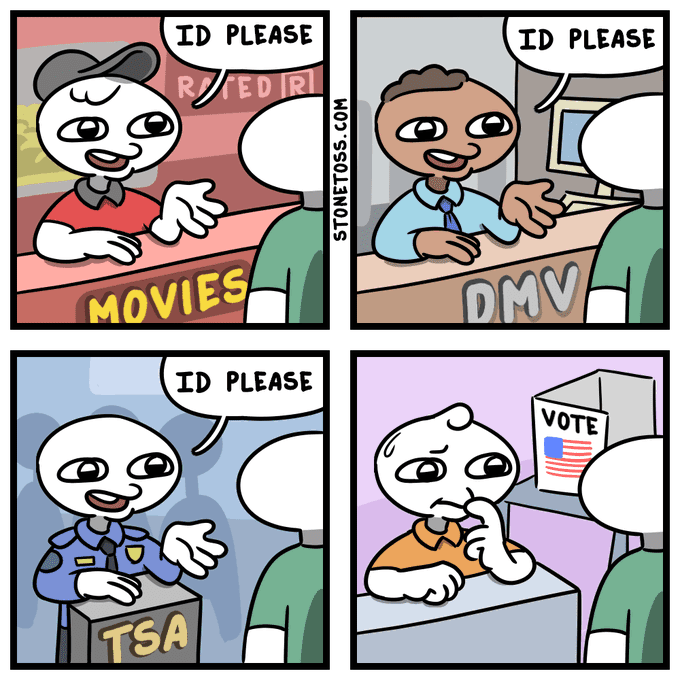 Cartoon mocking lack of voter ID.,